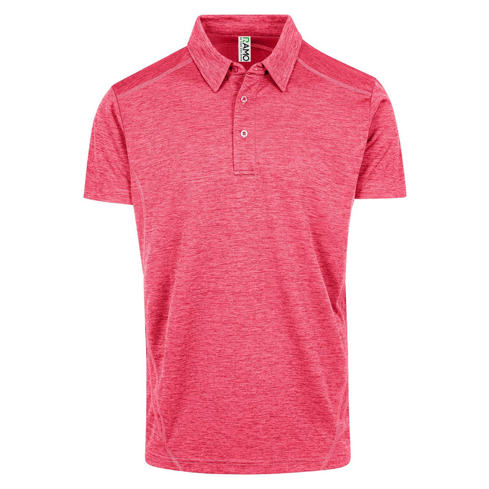 Coral pink heather polo shirt with three-button placket and tonal shoulder stitching detail