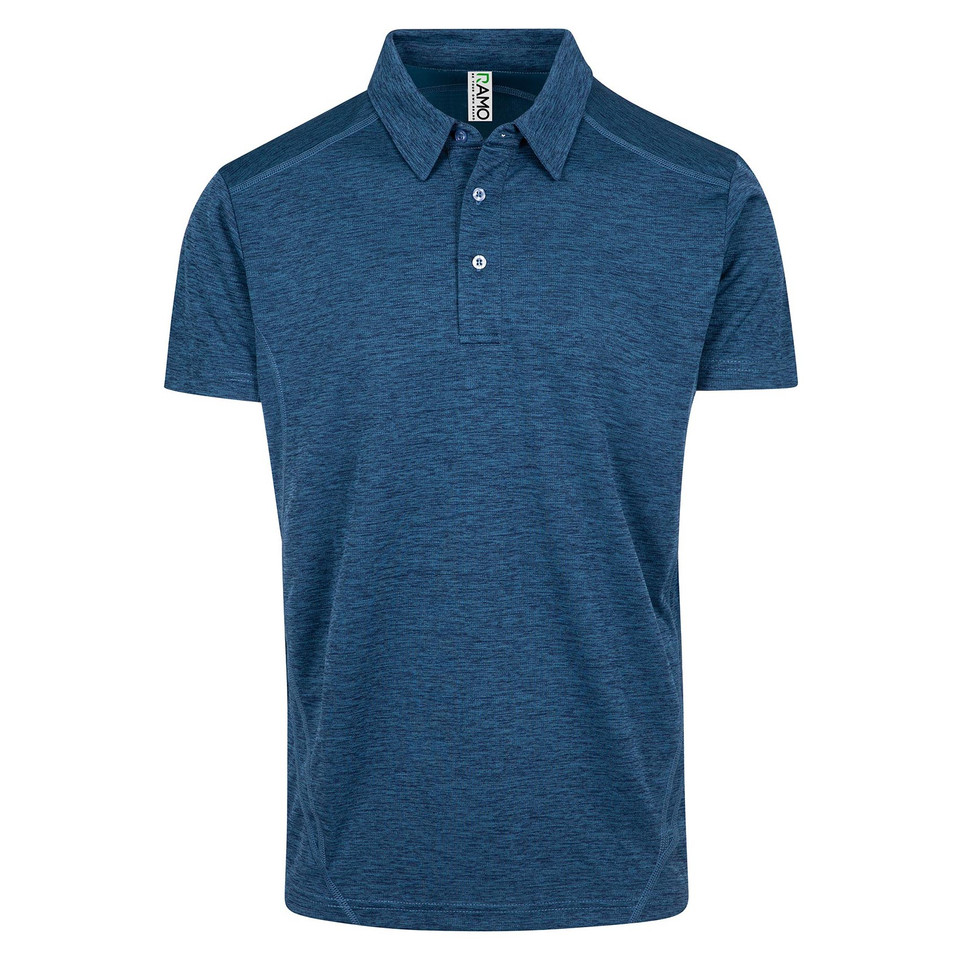 Heathered deep blue short sleeve polo shirt with contrasting shoulder panels and button placket