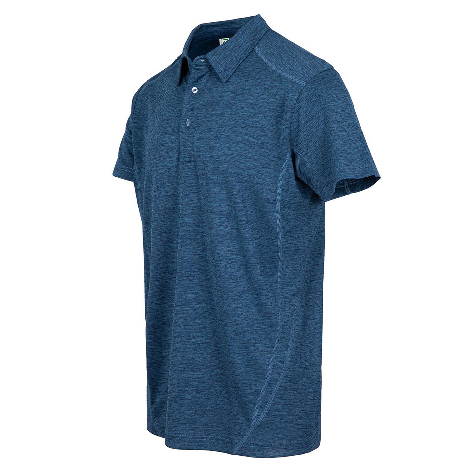 Steel blue marl short-sleeve polo with contrast stitching detail and three-button placket