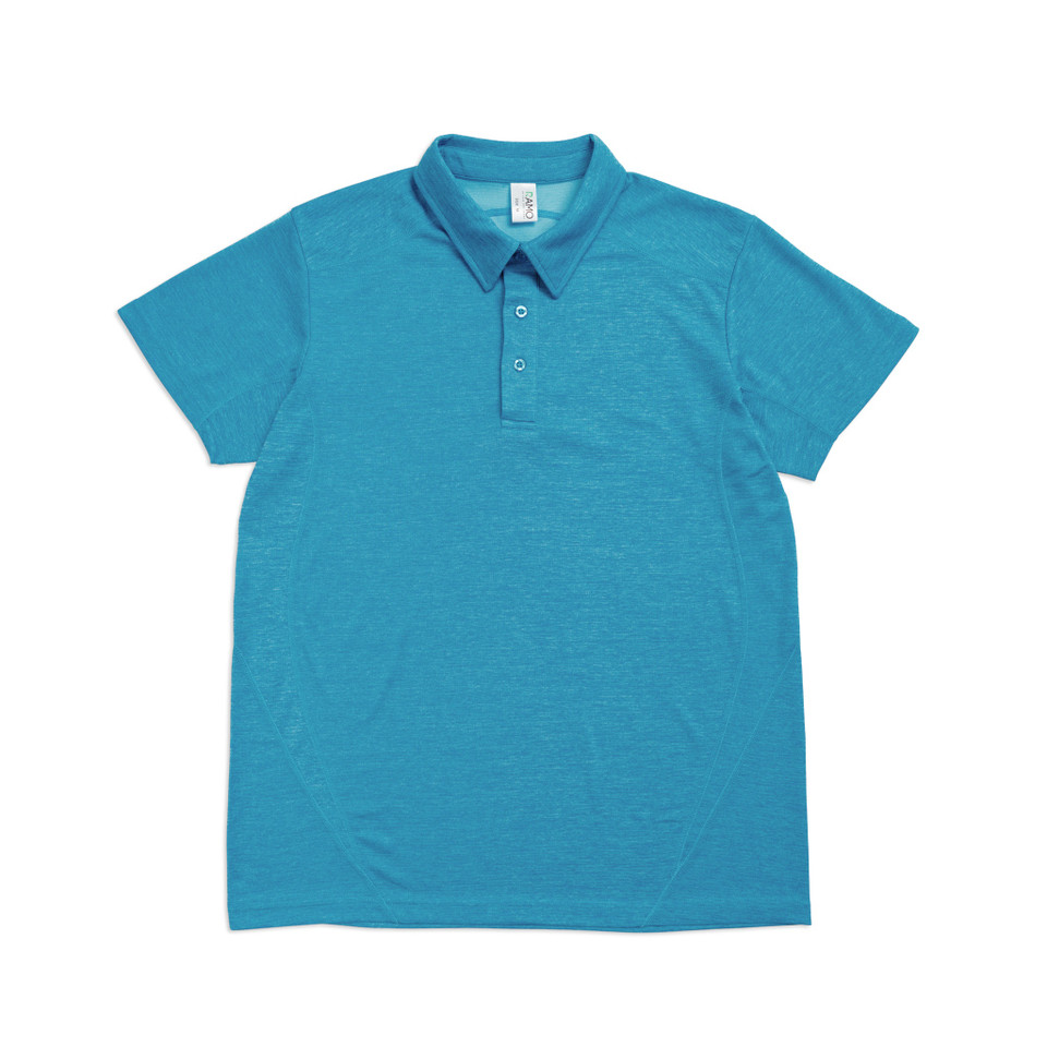 Flat lay of a men's ocean blue marl polo shirt with two-button placket and smooth front panel