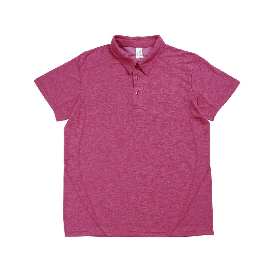 Raspberry marl short-sleeve polo shirt with three-button placket and ribbed collar, flat lay