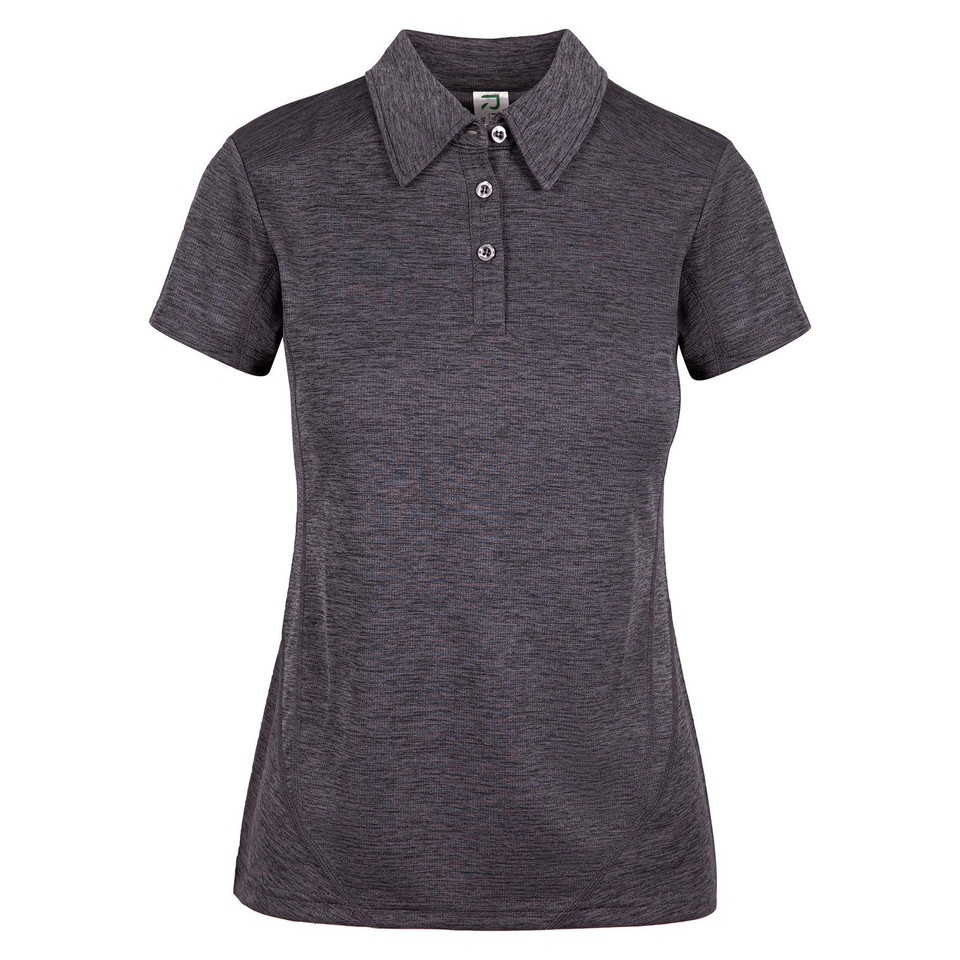 Charcoal marl ladies polo shirt with collar, three-button placket and contrast stitching detail
