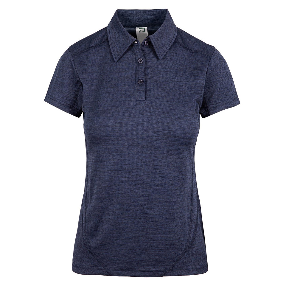 Navy marl women's polo shirt with collar and button placket in heathered polyester fabric