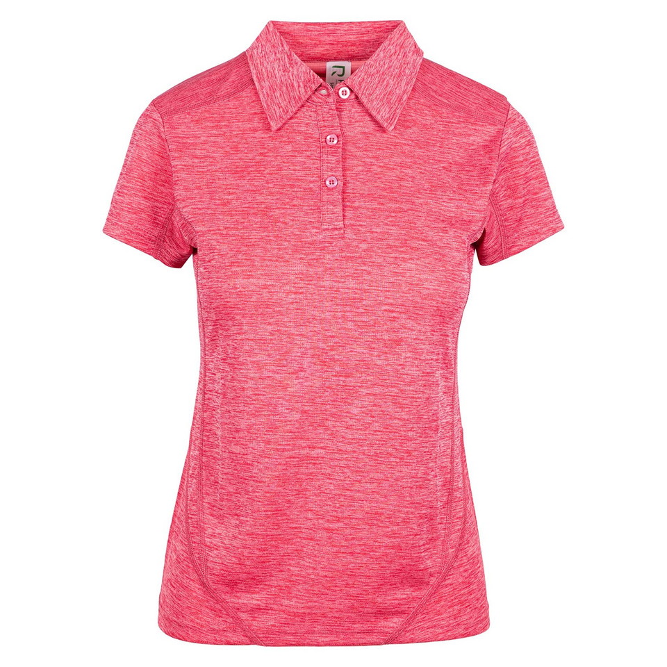 Bright pink marl ladies polo shirt with collar, button placket and short sleeves on white background