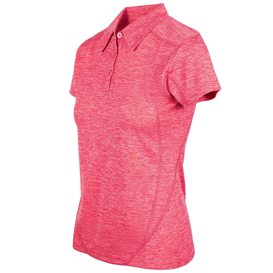 Coral pink marle ladies polo shirt with short sleeves and contrast stitching detail on shoulder