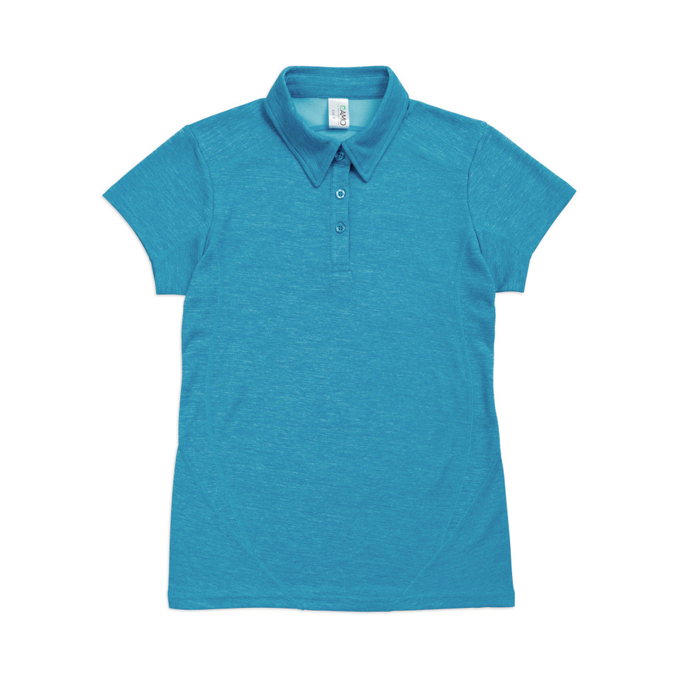 Turquoise marl ladies polo shirt with collar, button placket and cap sleeves