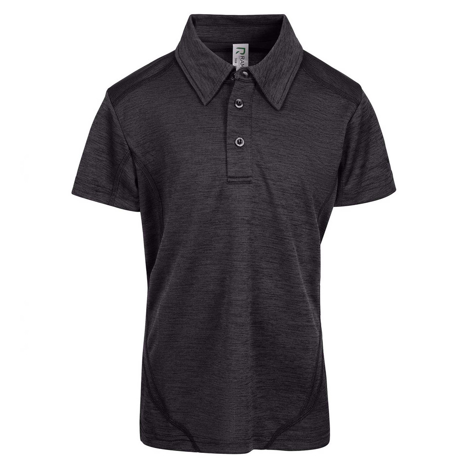 Kids charcoal marl polo shirt with three-button placket, spread collar, and subtle texture — flat lay packshot