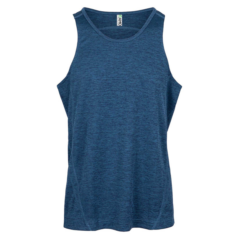 Navy marl poly singlet with round neck, deep armholes and tonal stitching detail, flat lay packshot