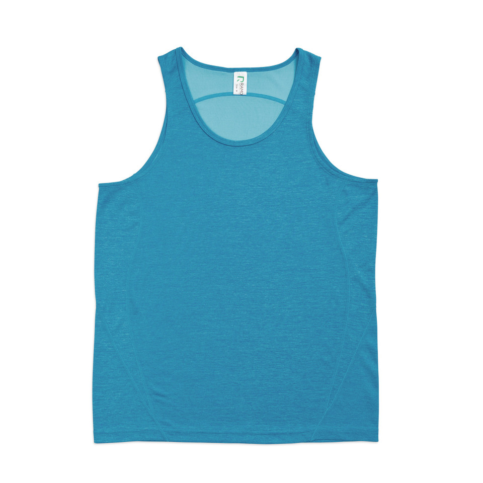 Turquoise marl poly singlet with scoop neckline and wide shoulder straps, flat lay packshot