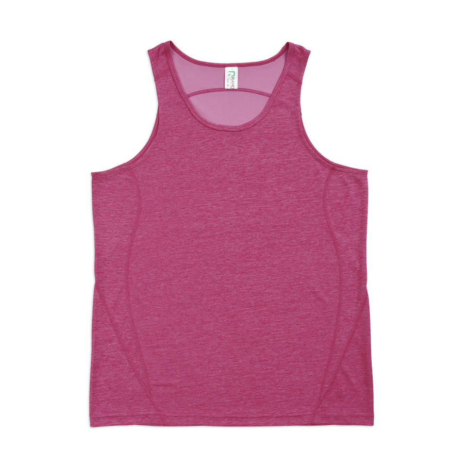 Raspberry marl men's singlet with wide scoop neckline, side stitching detail and lightweight semi-sheer poly fabric