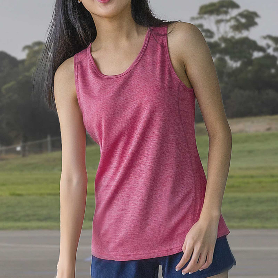 Woman wearing a raspberry marl CoolDry poly singlet with scoop neck and racerback styling outdoors