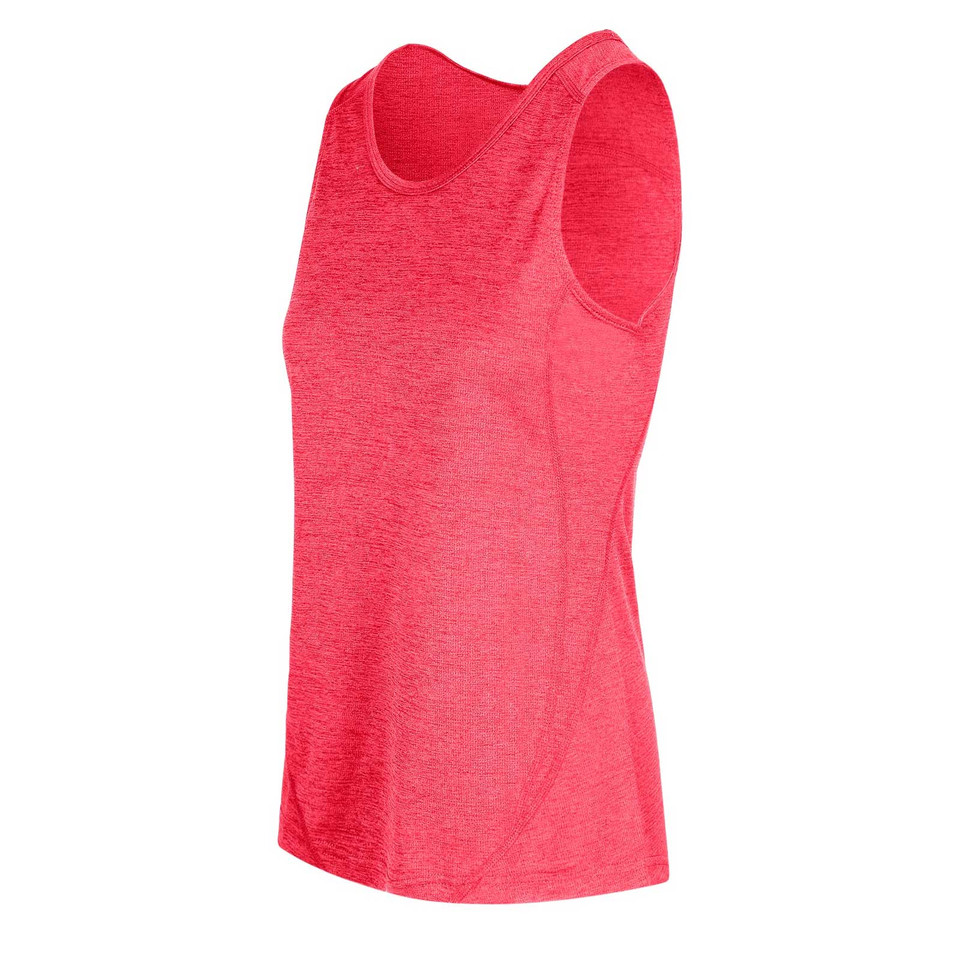Coral pink heathered sleeveless singlet with curved hem and contrast stitching detail