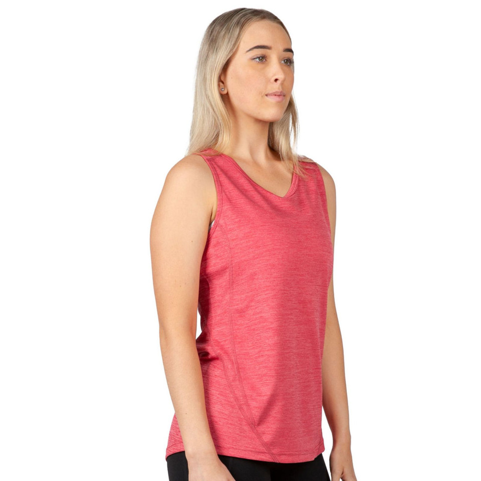 Coral pink marl sleeveless singlet with curved hem and decorative shoulder stitching detail