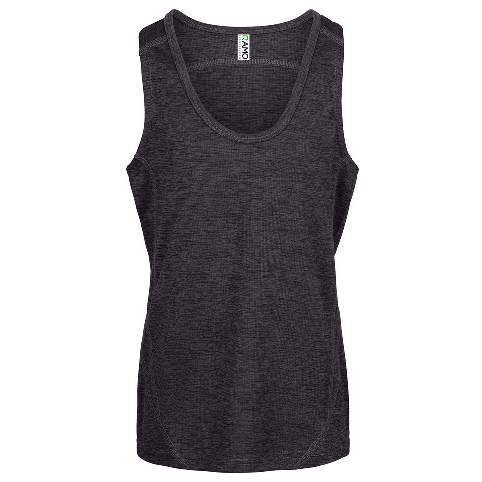 Charcoal marl kids singlet with scoop neck, wide armholes and visible stitching detail