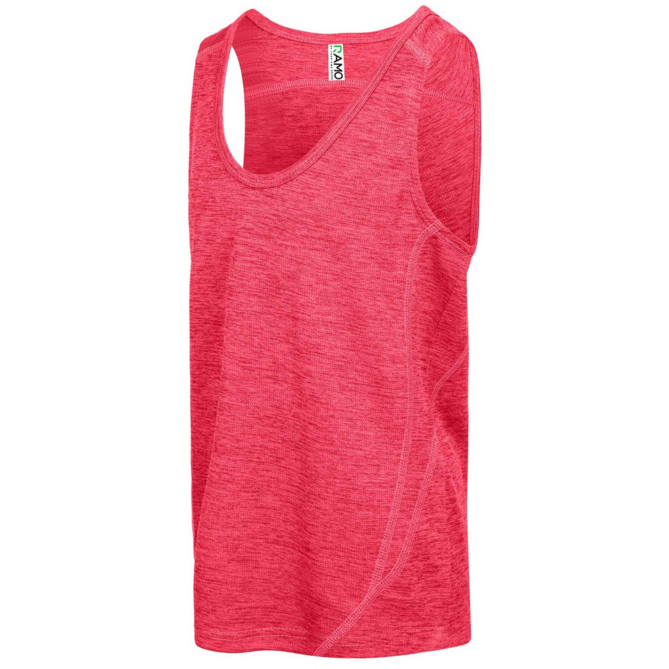 Coral pink marl sleeveless singlet with scoop neck and visible contrast stitching detail