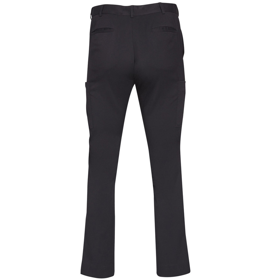 Black cargo pants with side pockets and straight leg fit, rear view showing flat waistband and clean back panels