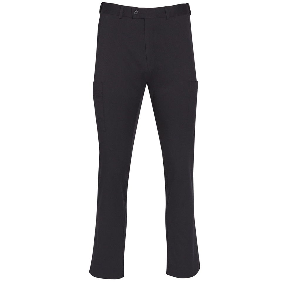Charcoal grey cargo pants with side utility pockets and button waist closure