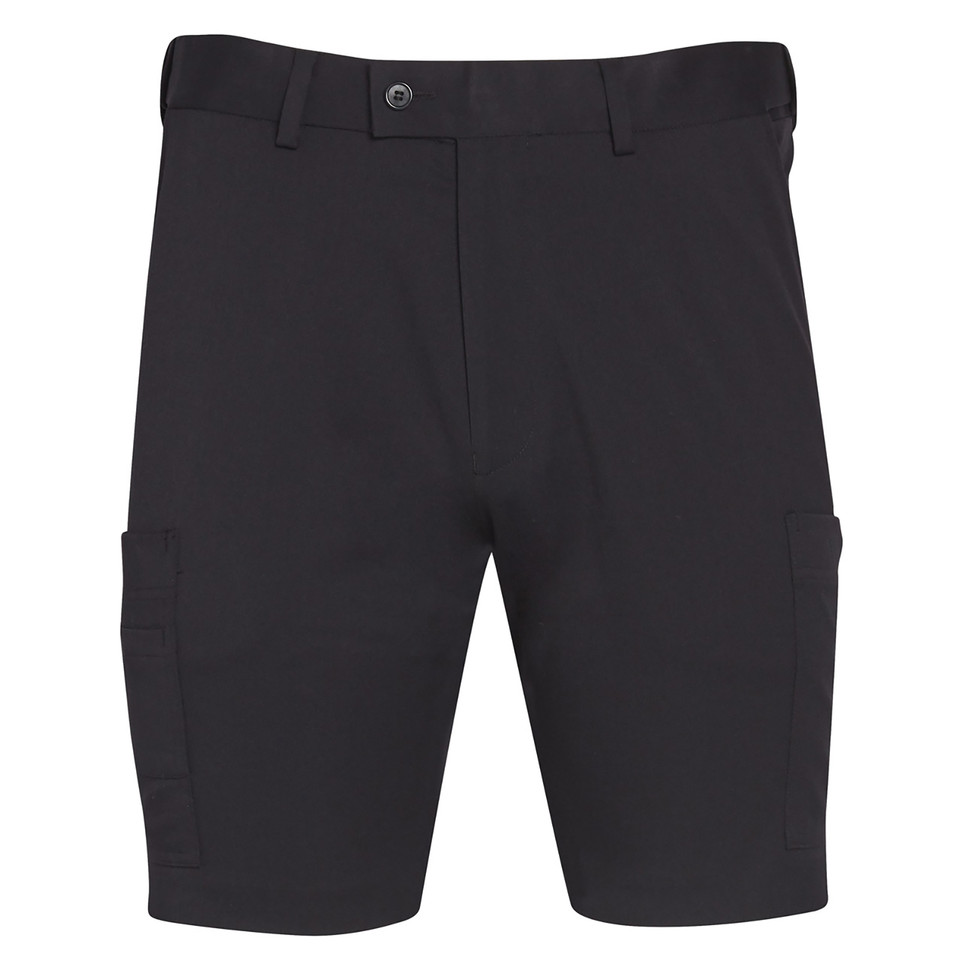 Charcoal cargo shorts with side pockets, flat front panel and button waist closure