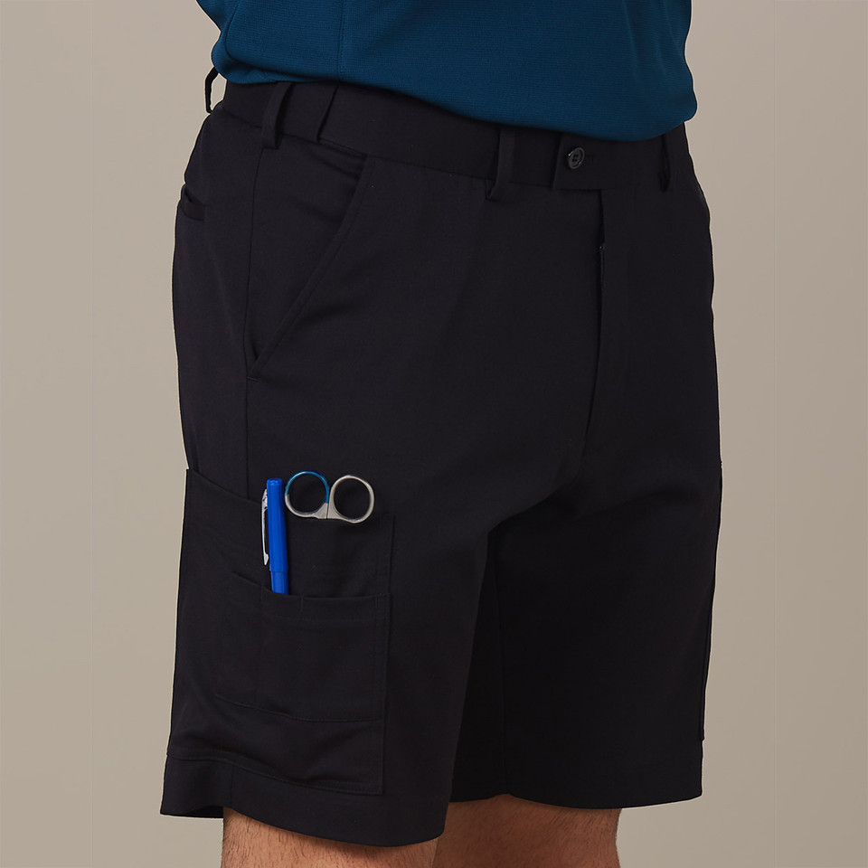 Black stretch cargo shorts with side utility pocket and blue accent zipper detail