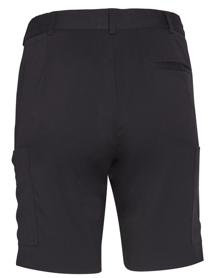 Charcoal grey cargo shorts shown from back with belt loops, pockets and utility styling