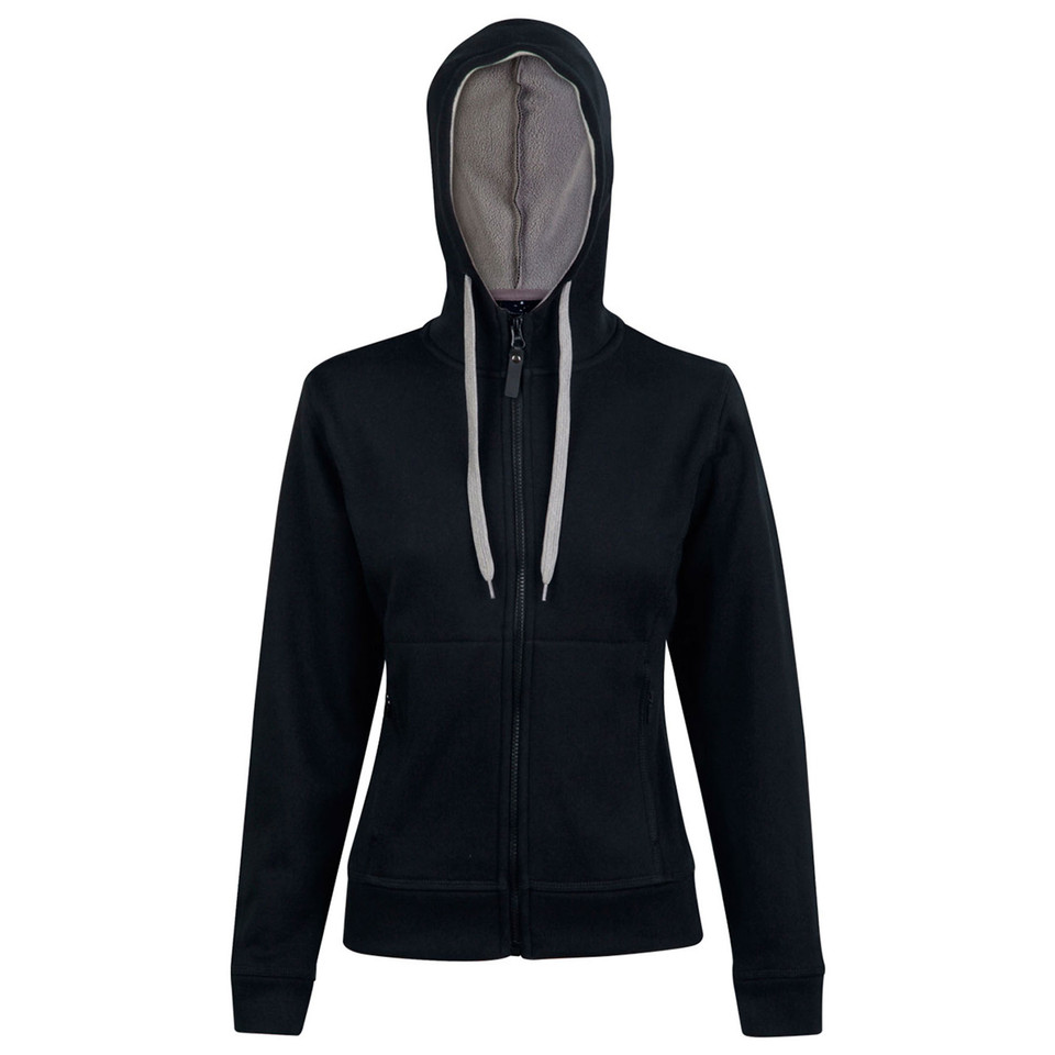 Black fleece hoodie with grey contrast hood lining and white internal drawcords, full-zip front closure