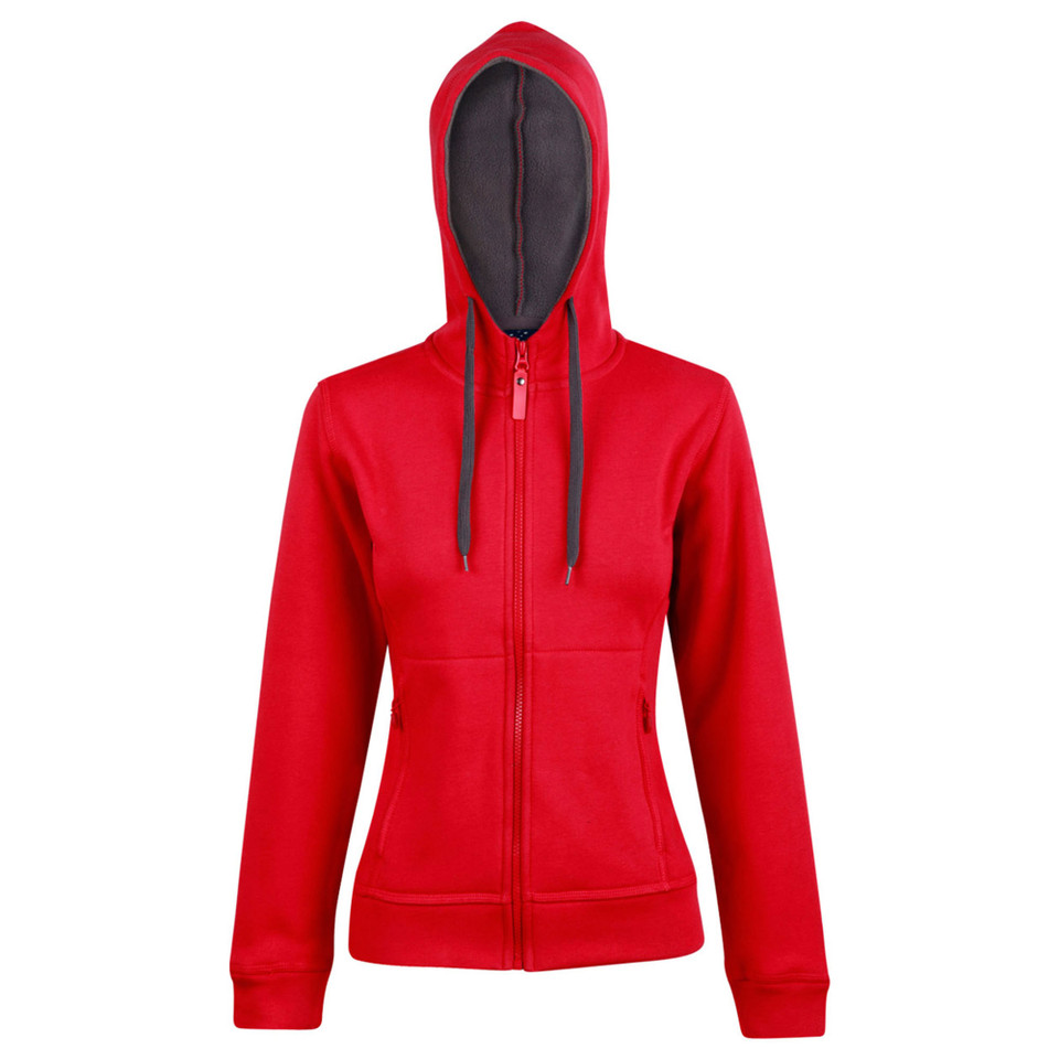 Red + Charcoal Mortal Ladies Wind Cold Proof Fleece Hoodie Jacket, a warm, wind-resistant thermal jacket ideal for cold weather outdoor activities or work.
