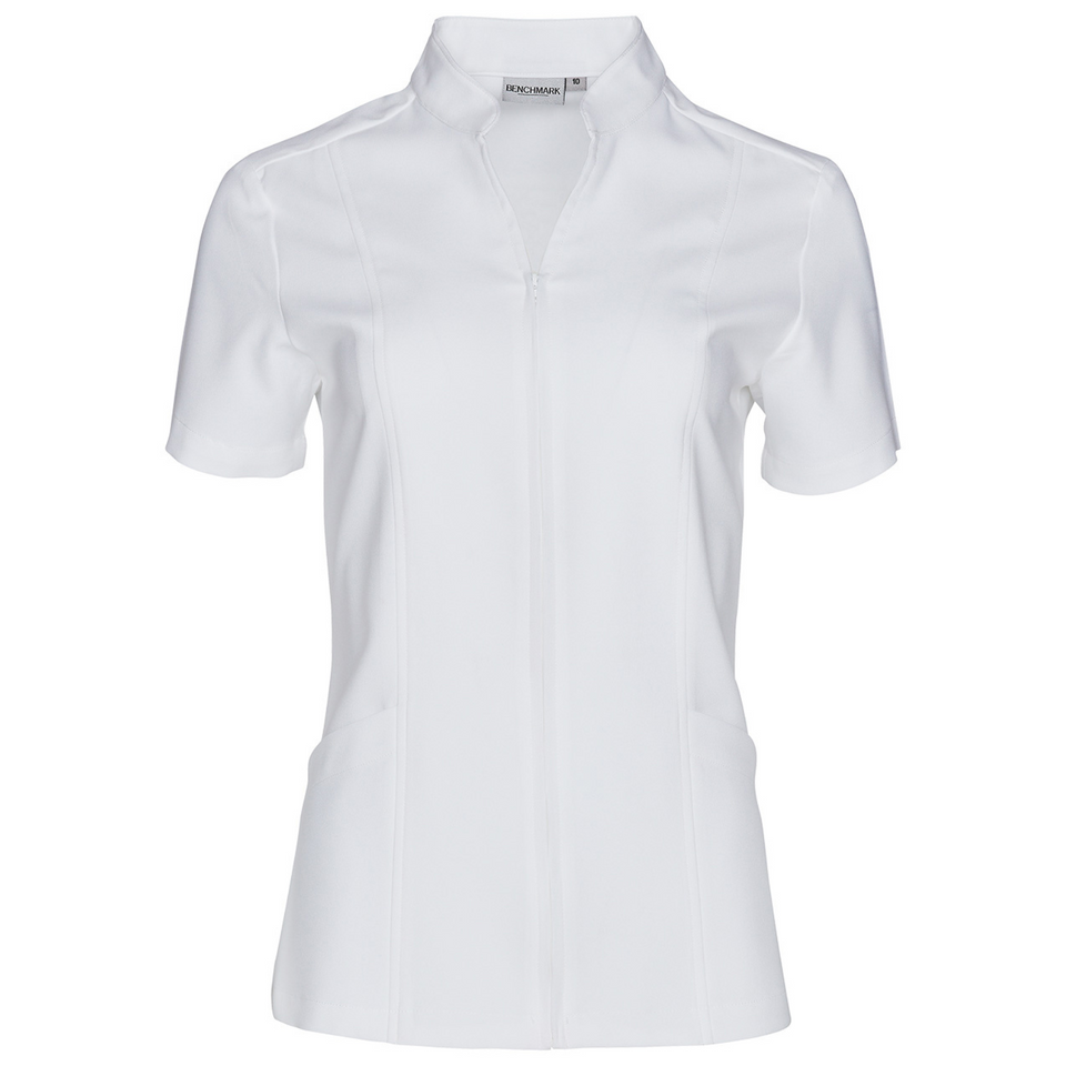 MAGGIE Women's Full Zip Front Short Sleeve Tunic, featuring a tailored professional fit, functional side pockets, and a durable full-length zipper for easy wear in medical and beauty environments.