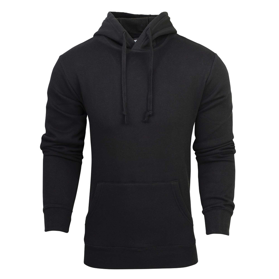 Charcoal grey fleece hoodie with kangaroo pocket and matching drawstrings on white background