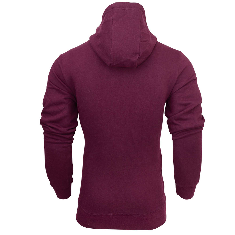 Burgundy maroon pullover hoodie shown from back with attached hood and ribbed cuffs and hem