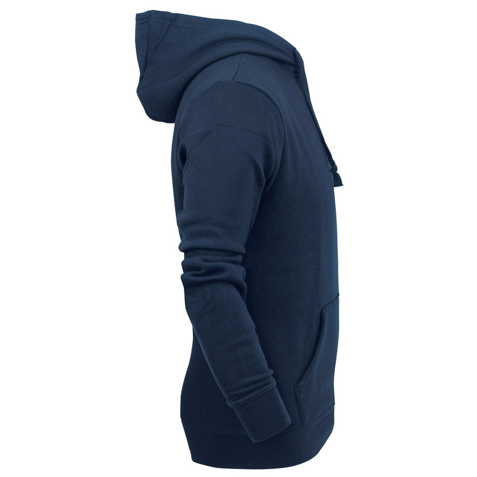 Navy blue fleece hoodie shown from side view with drawstring hood and ribbed cuffs