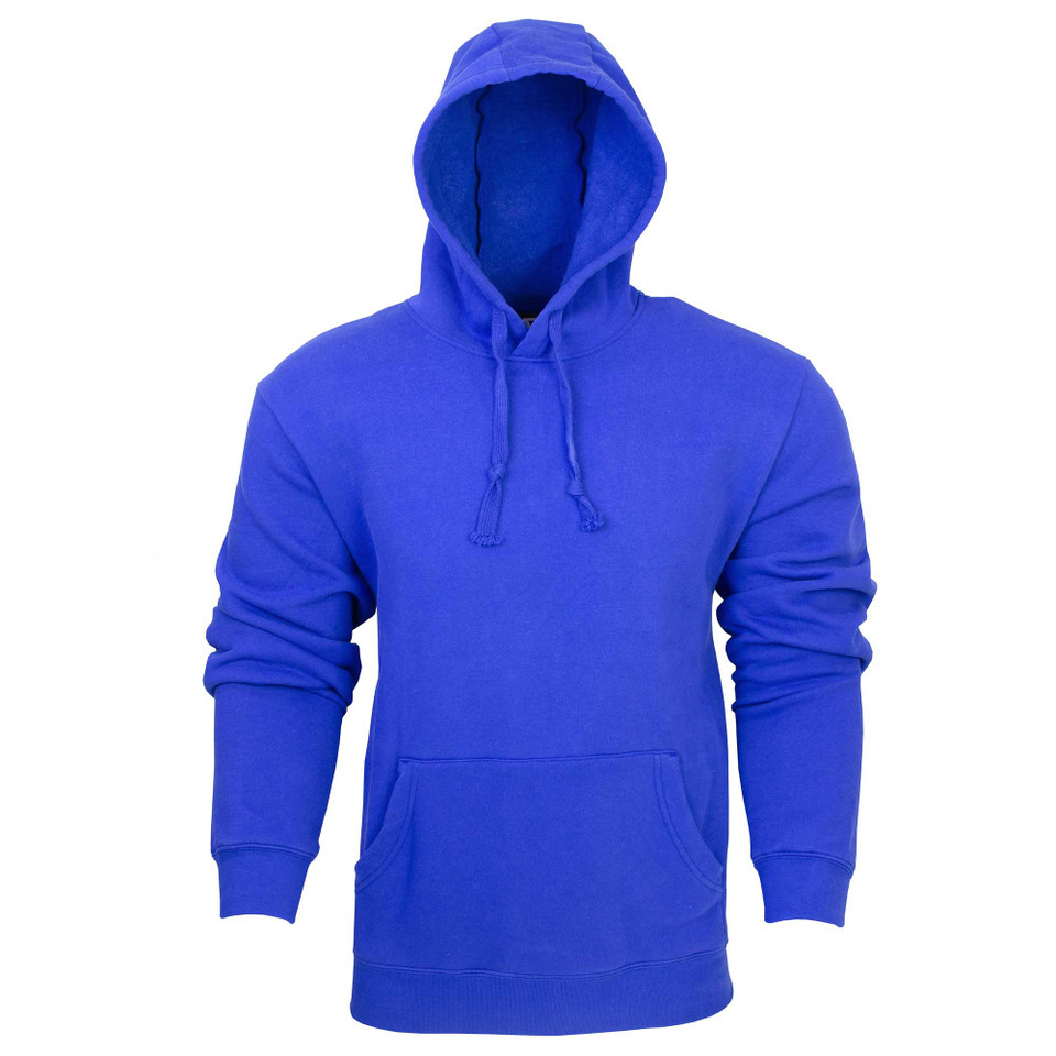 Royal blue fleece hoodie with kangaroo pocket and drawstring hood featuring ribbed cuffs and hem