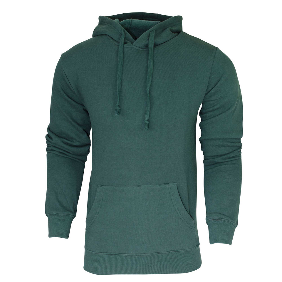 Forest green pullover hoodie with kangaroo pocket and matching drawstrings on white background