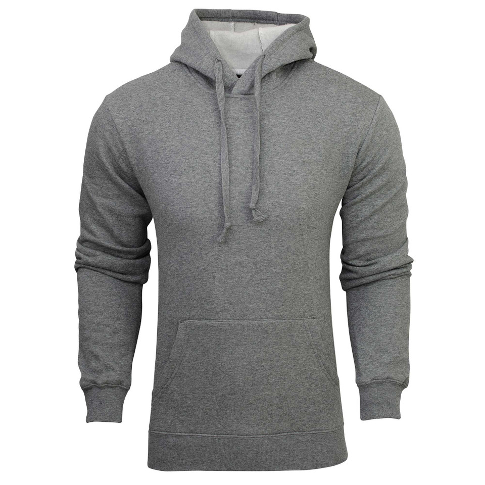 Grey marle fleece pullover hoodie with kangaroo pocket and matching drawstrings