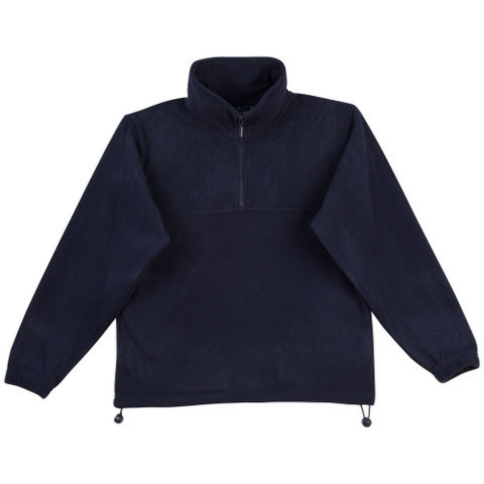 BLADE unisex 320 GSM anti-pill polar fleece half-zip pullover sweater in navy. Features side pockets and draw cord, ideal for skiers, mariners, winter warmth, and promotional uniform use.