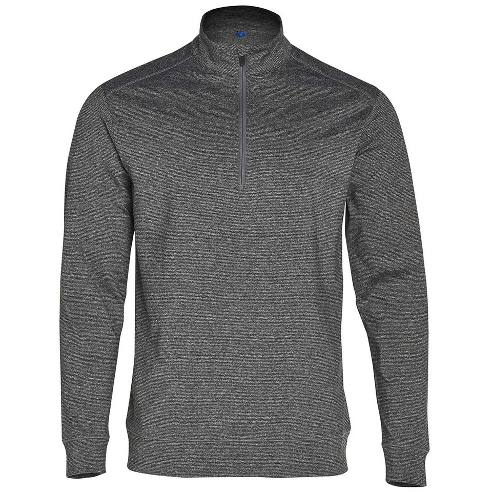 Charcoal heather half-zip pullover with stand collar and contrast zipper detail