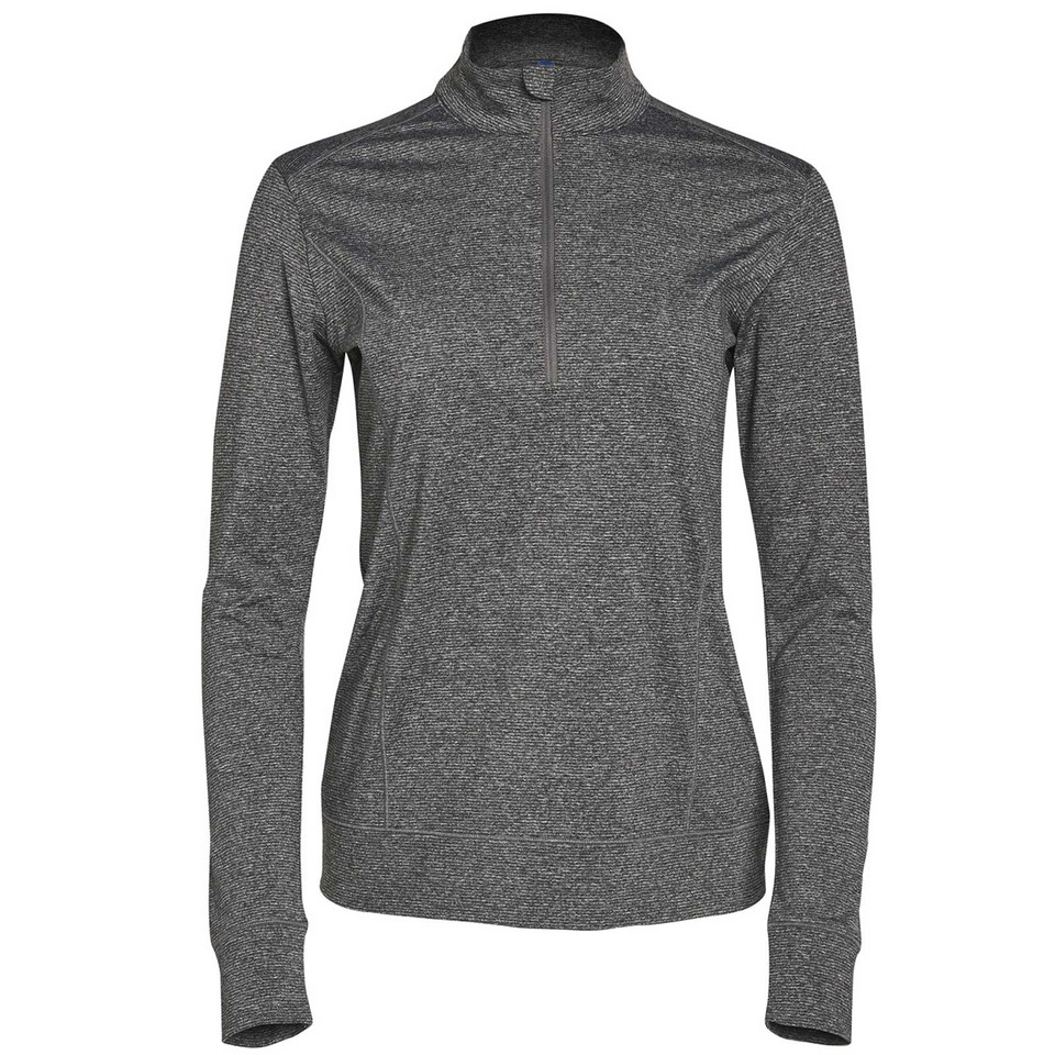UNITED Ladies Half Zip Stretch Heather Sweater, a stylish women's performance pullover featuring a textured heathered fabric, flexible stretch for movement, and a versatile stand-up collar.