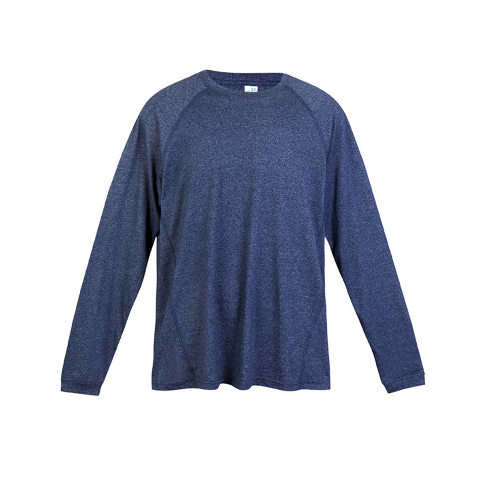 Navy heather long sleeve crew neck tee with raglan sleeves and relaxed fit