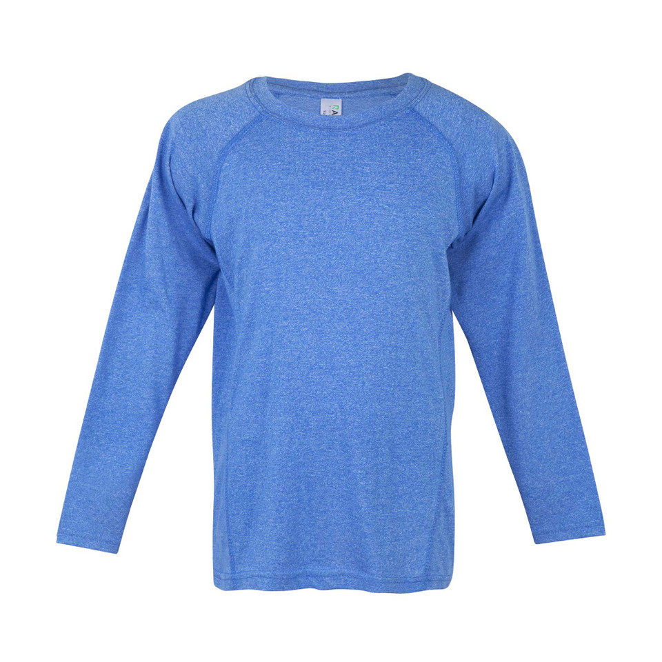Heather blue long sleeve crew neck tshirt with raglan sleeves on white background