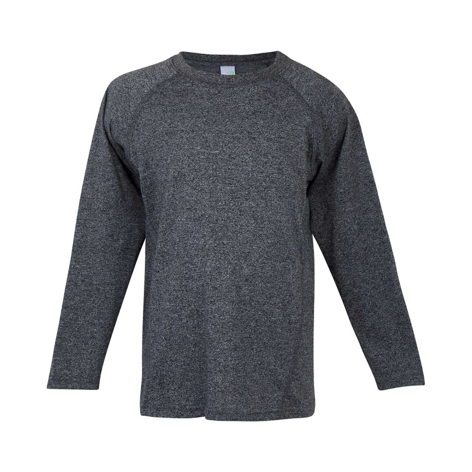 Charcoal heather long sleeve crew neck tee with raglan sleeves and ribbed cuffs
