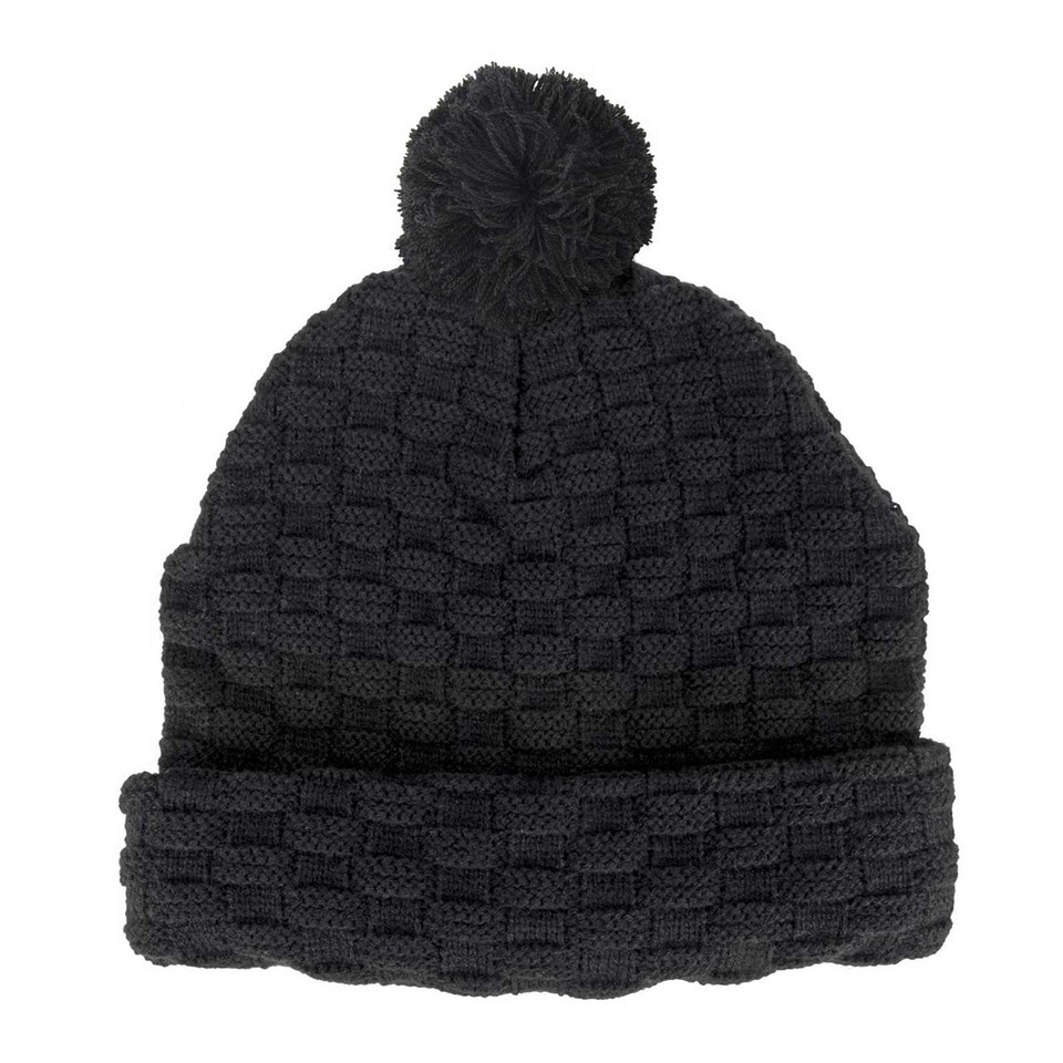 Black knit beanie with textured basketweave pattern, rolled cuff and pom pom detail