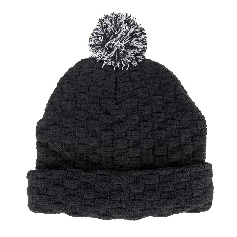 Black knit beanie with textured basket weave pattern and contrasting speckled pom pom on top