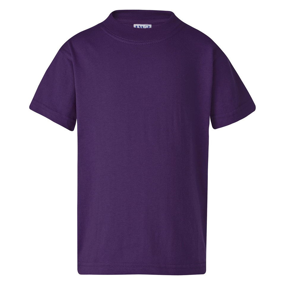 Deep purple kids t-shirt with crew neck and short sleeves, smooth cotton construction with flat front panel