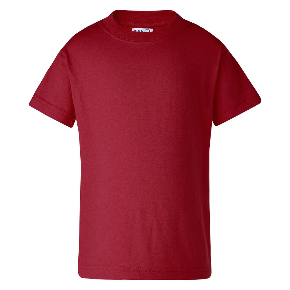 Cardinal red kids crew neck t-shirt with short sleeves and smooth cotton front panel