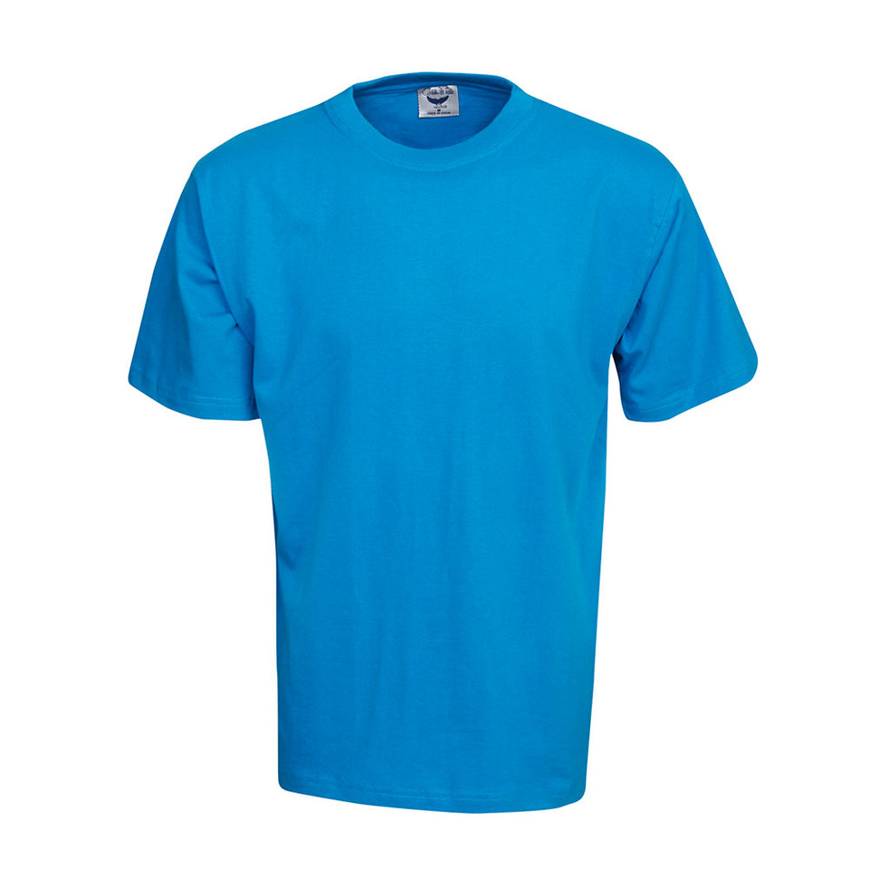 Cyan blue crew neck short sleeve cotton t-shirt, smooth flat front panel, packshot view