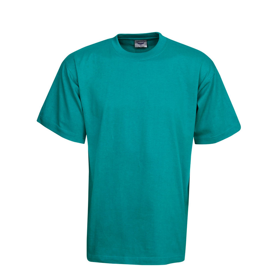 Teal crew neck cotton t-shirt with short sleeves and smooth flat front panel for decoration