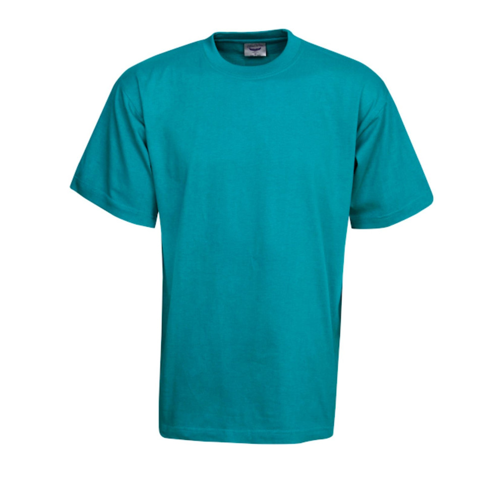 Teal crew neck kids cotton t-shirt with short sleeves and smooth front panel, ghost mannequin packshot