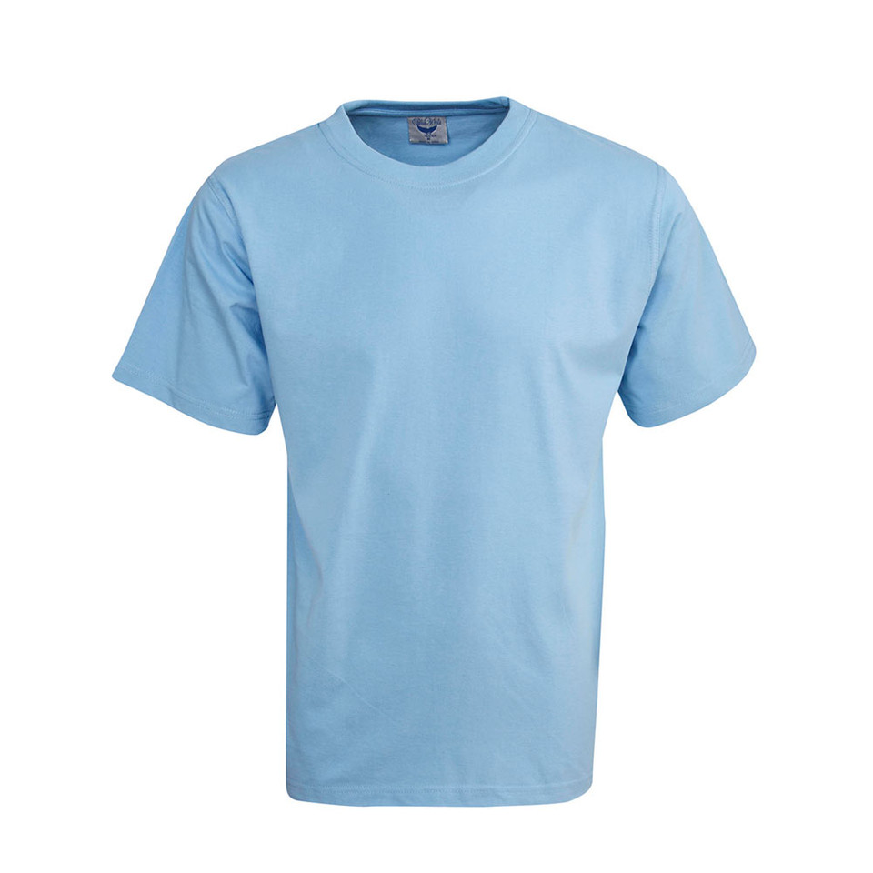 Sky blue kids crew neck cotton tee, short sleeves, clean flat front panel, packshot view