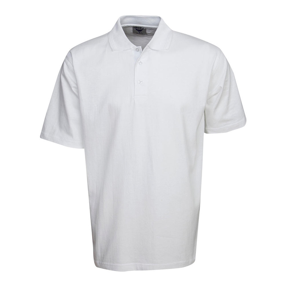 White Carlton plain unisex short sleeve polo shirt made from 100% cotton jersey knit, a smooth classic design ideal for work uniforms and custom embroidery.