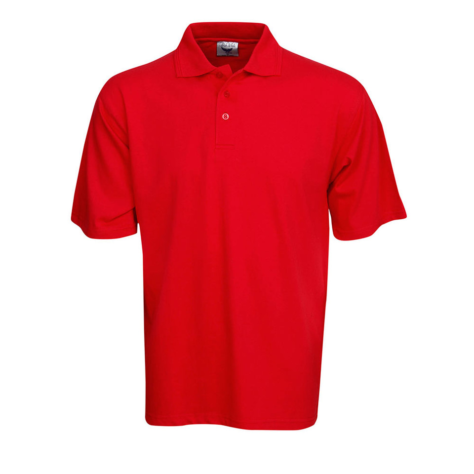 Red Carlton plain unisex short sleeve polo shirt made from 100% cotton jersey knit, a smooth classic design ideal for work uniforms and custom embroidery.