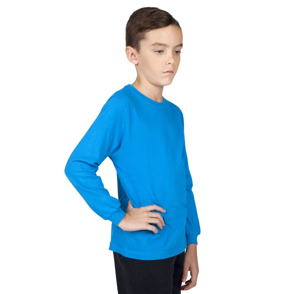 Sapphire blue long sleeve crew neck tee with smooth cotton construction and plain flat front panel